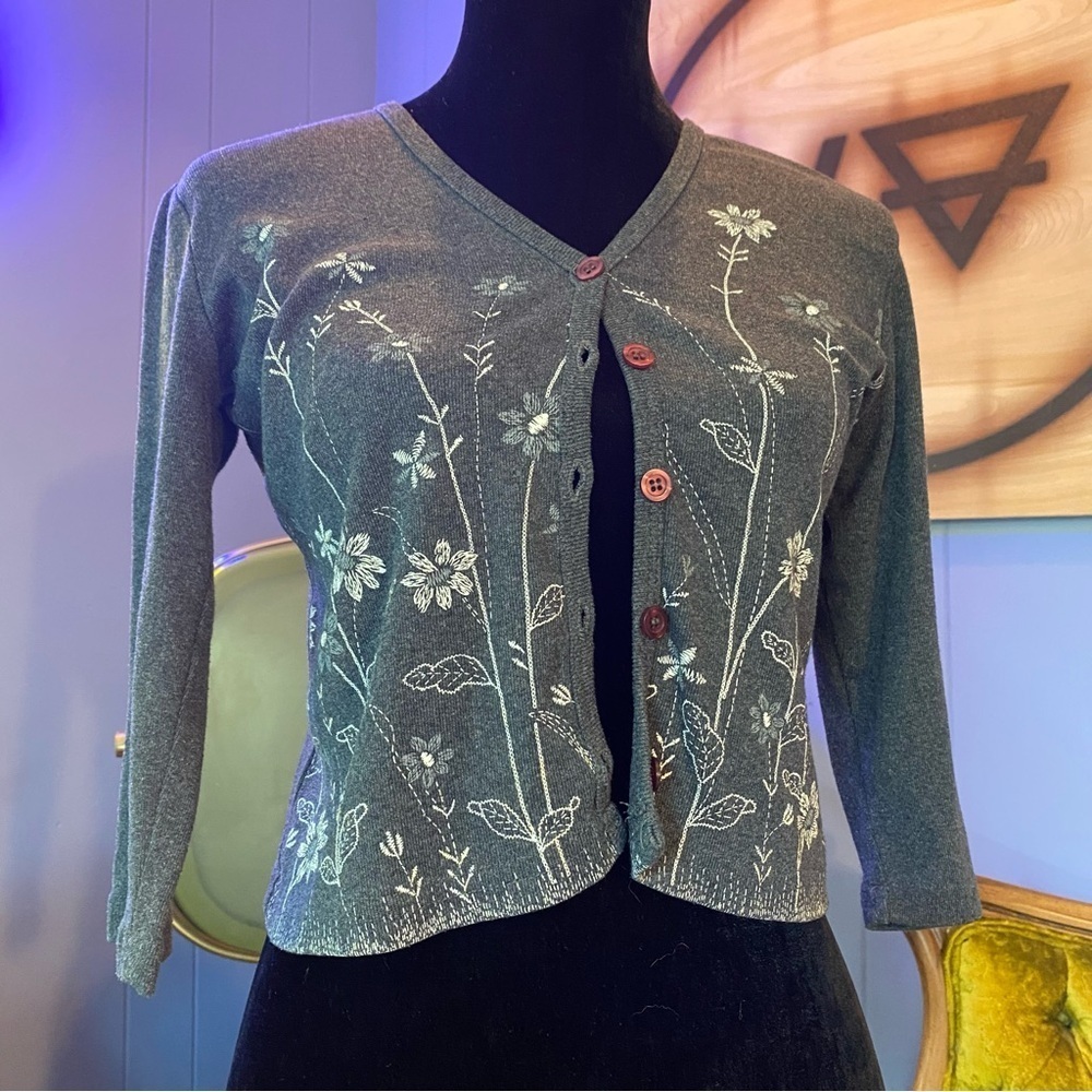 Vintage Y2K Double Fault Floral Print V-Neck Button-Up Cardigan Sweater Size S/M